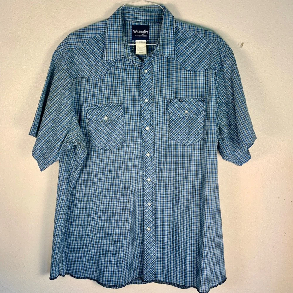 Lot of 2 Wrangler‎ 2XLT Tall Pearl Snap Western Shirts Blue Plaid Short Sleeves